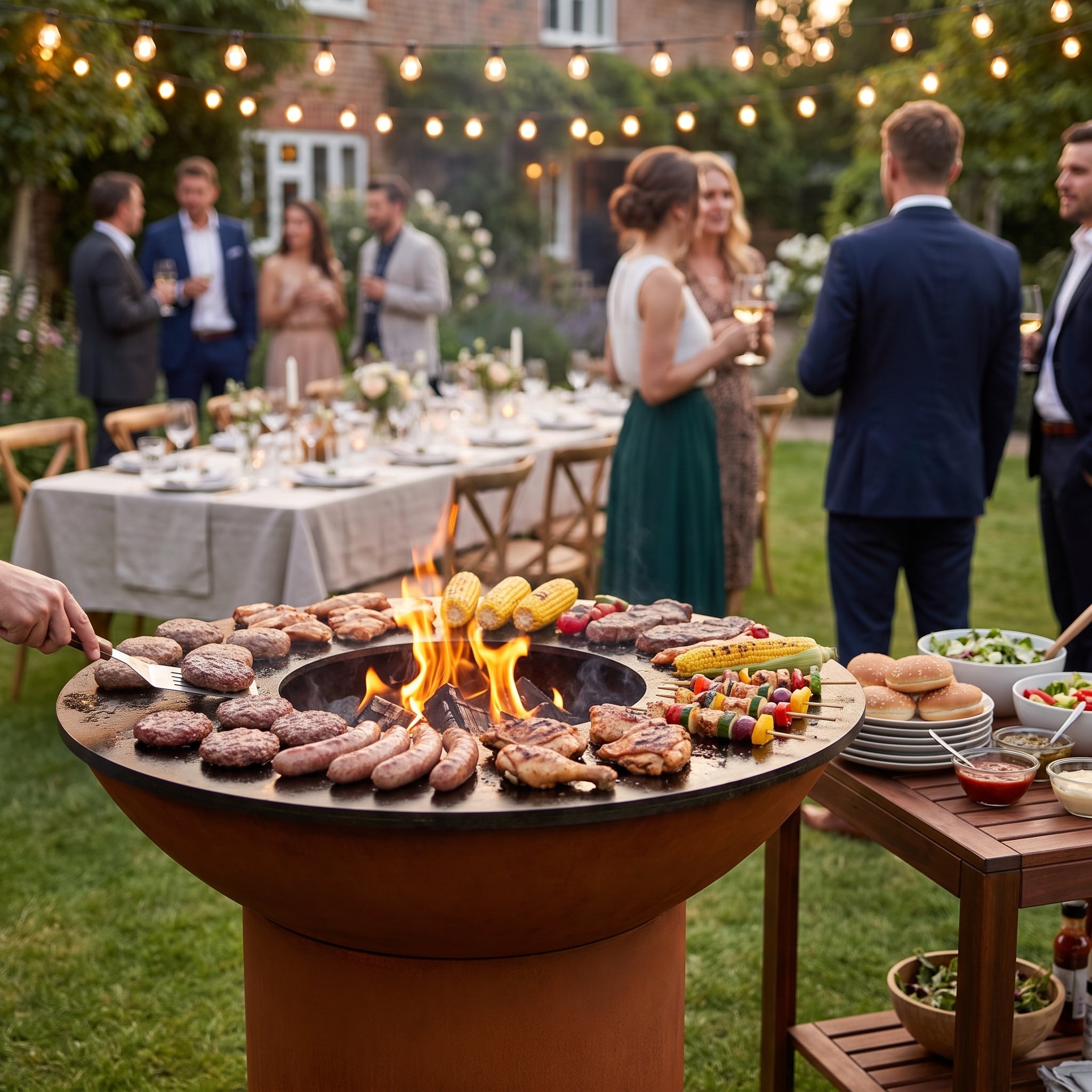 Arteflame flat-top grill with a round Corten steel base loaded with burgers, sausages, chicken, corn and skewers at a backyard garden party